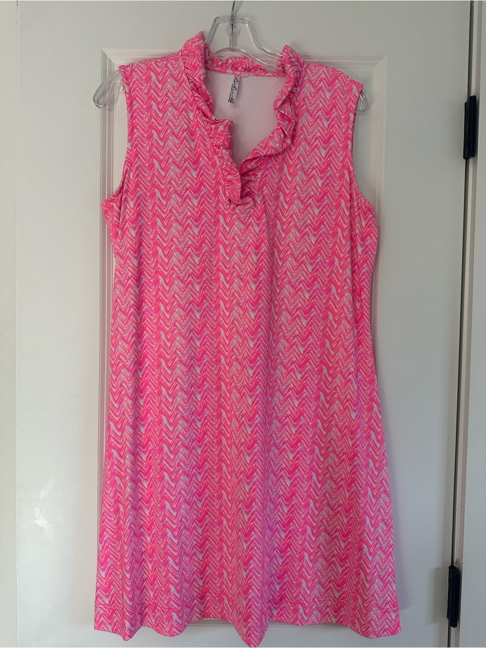 Lulu-B Hot Pink Chevron Ruffle V-Neck Mini Dress